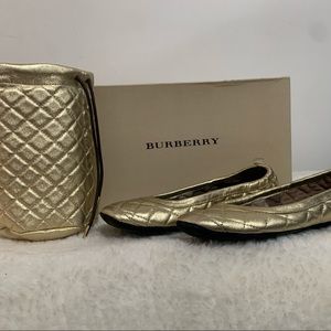 BURBERRY Gold Quilted Cushioned Flat/Slipper with Matching Pouch